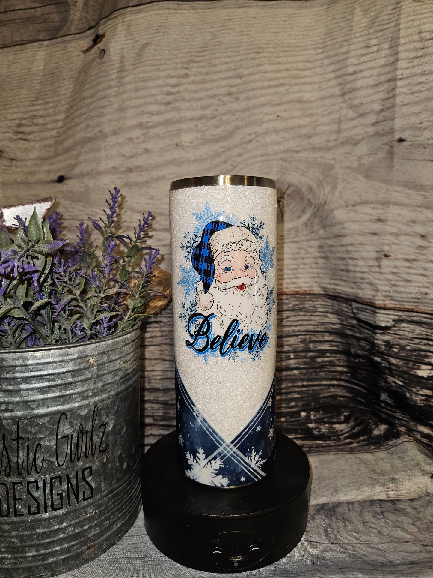 Blue checkered Believe Santa