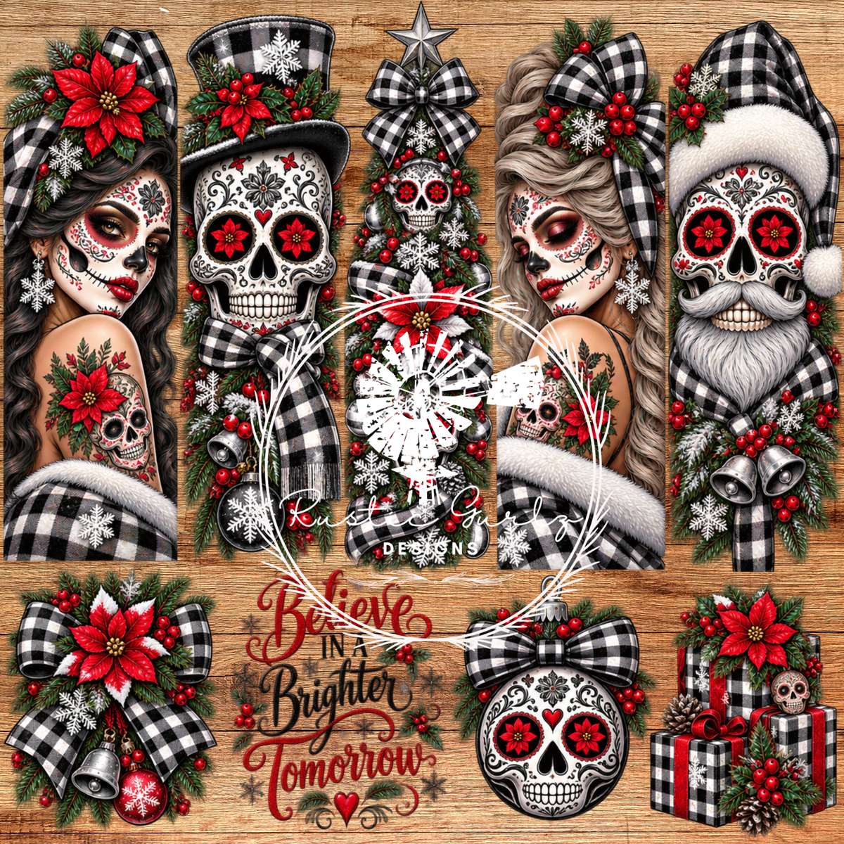 Black and White Buffalo Check Sugar Skull XMAS