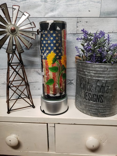 20 oz Distressed Cow print Flag with Sunflower