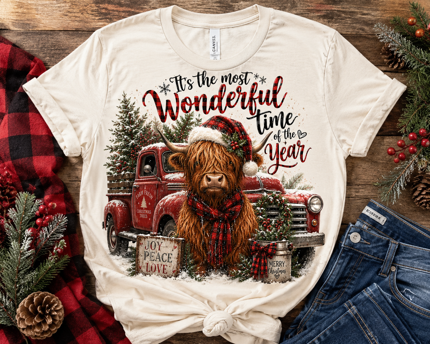 Highland Cow Red Truck Christmas T-Shirt