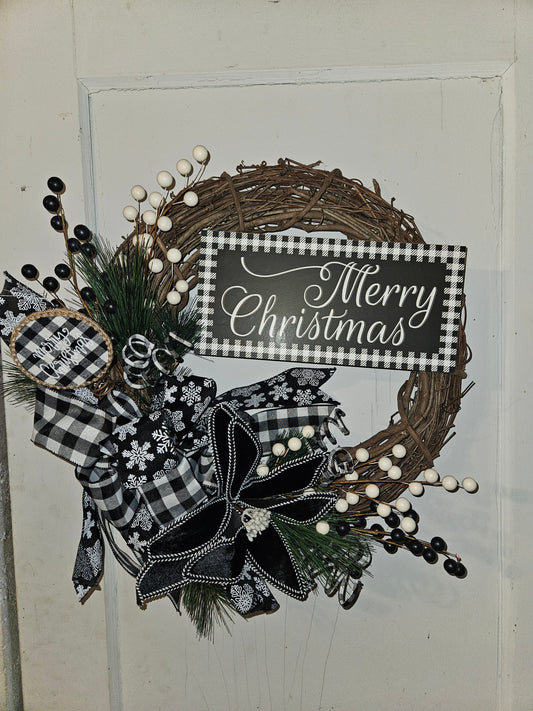 Black and White Buffalo Merry Christmas Wreath