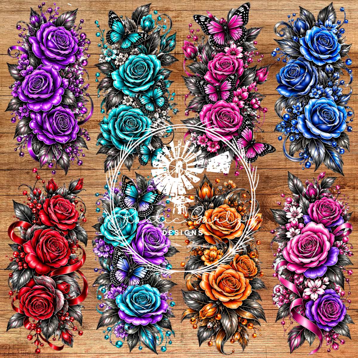 Ornate Colorful Roses and Butterflies