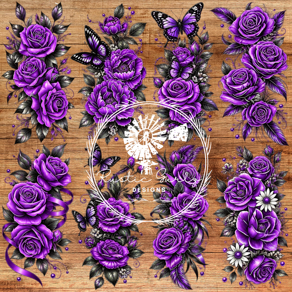 Ornate Purple Roses and Butterflies