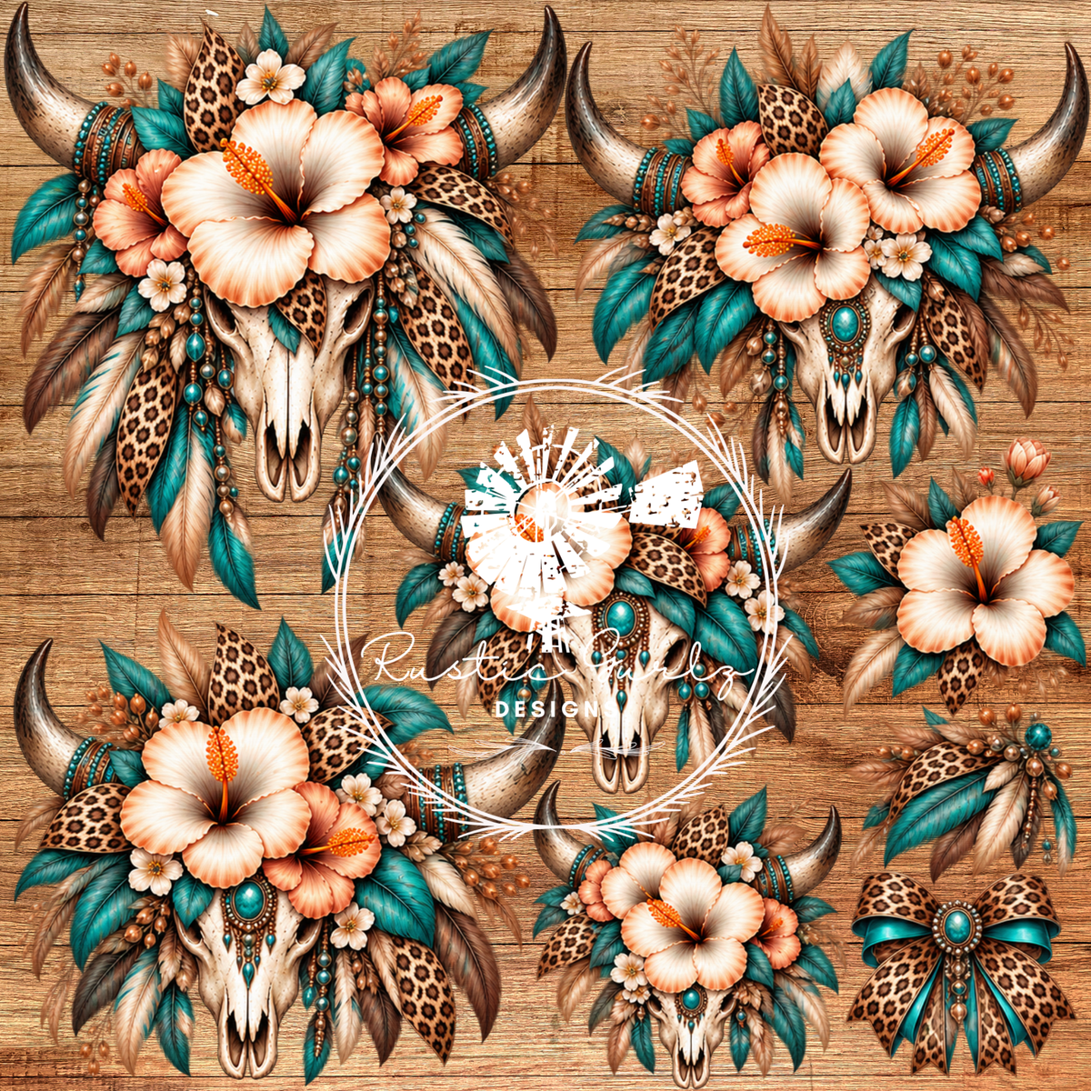 Teal Boho Leopard Bull Skull bundle