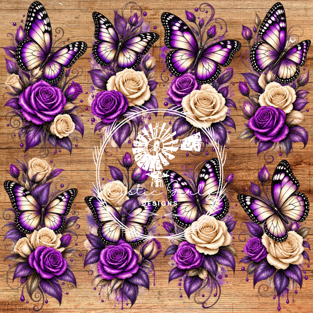Purple and Creme Ornate Roses and Butterflies